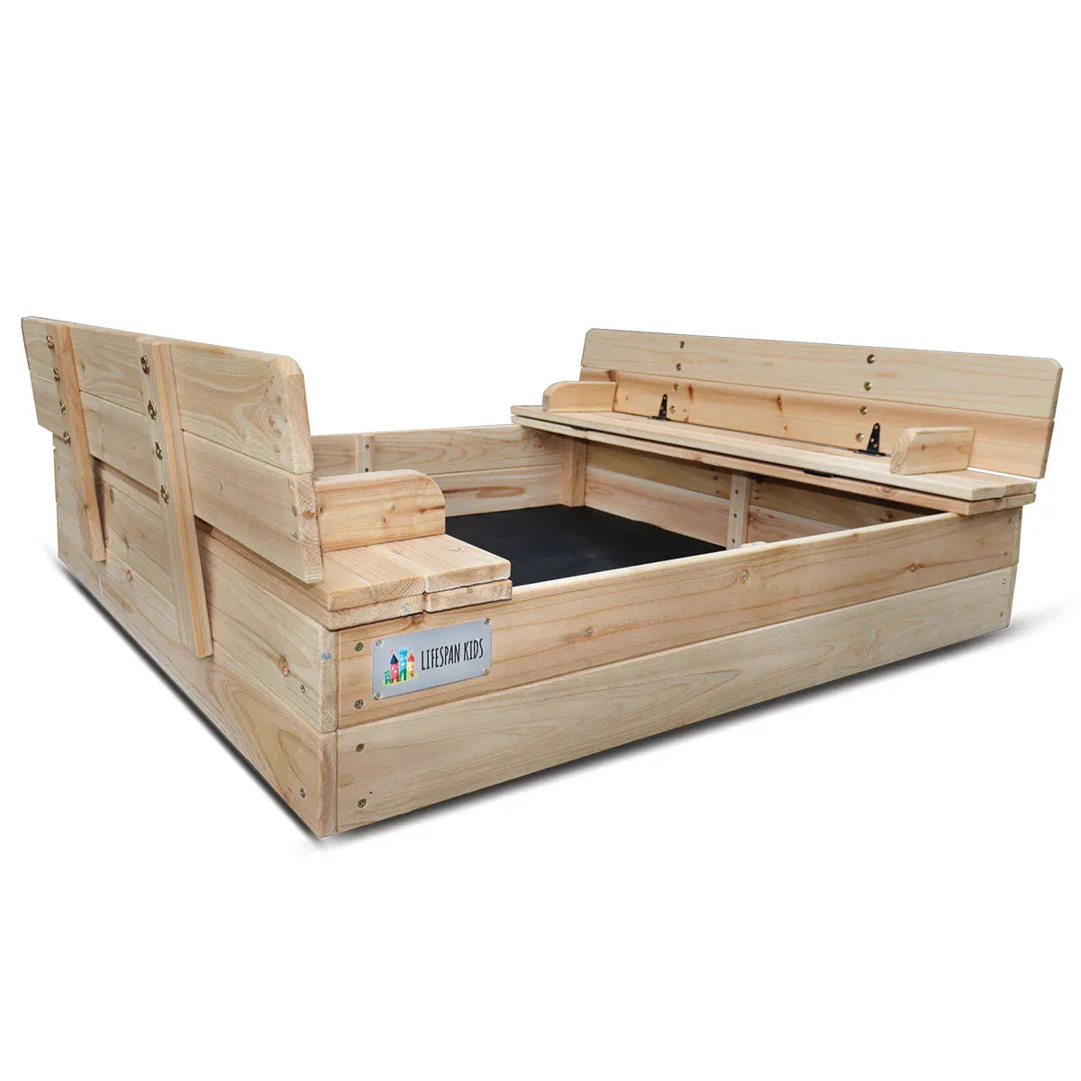 Square Timber Sandpit with Folding Seats, 100cm