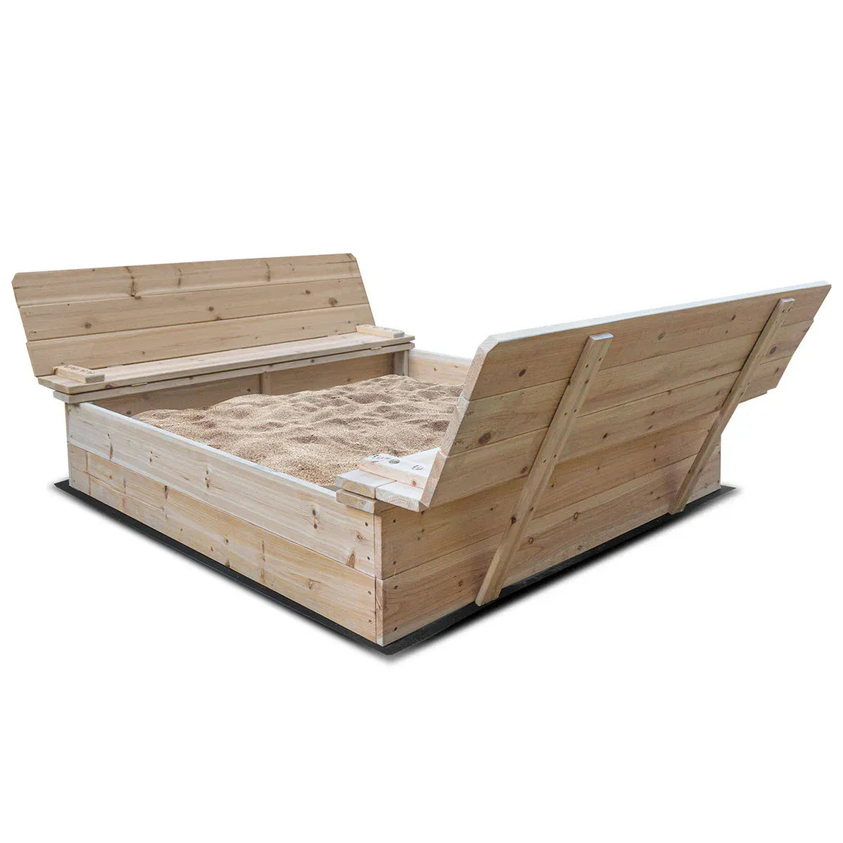 XL wooden square sandpit with foldable seats