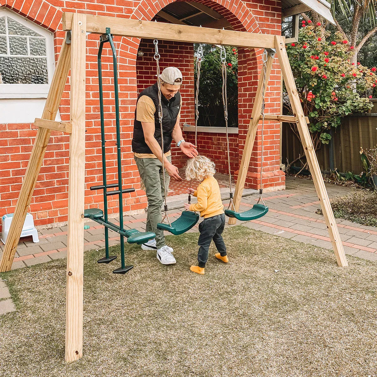 Timber swing set with two swings and double glider view 1