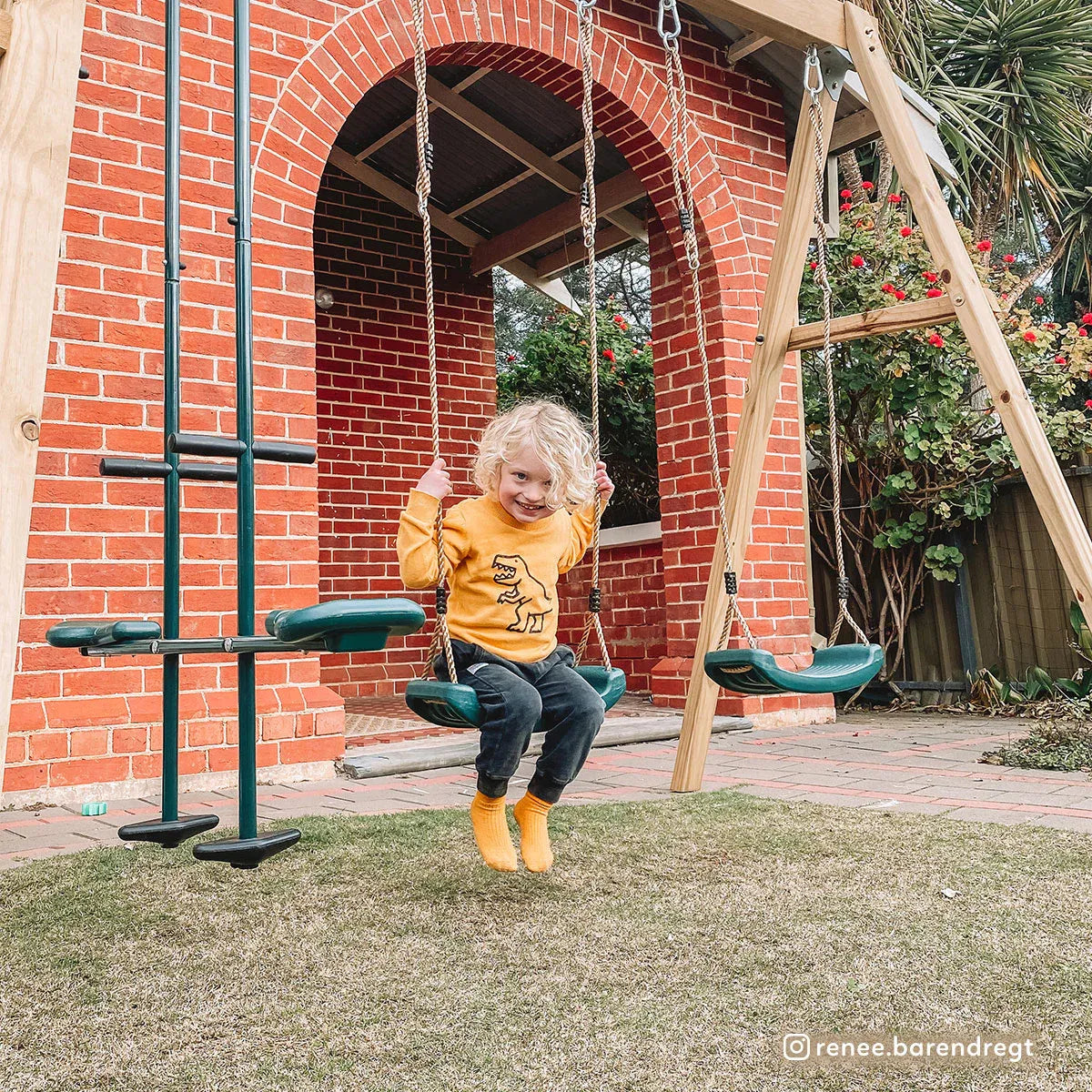 Timber swing set with two swings and double glider view 2