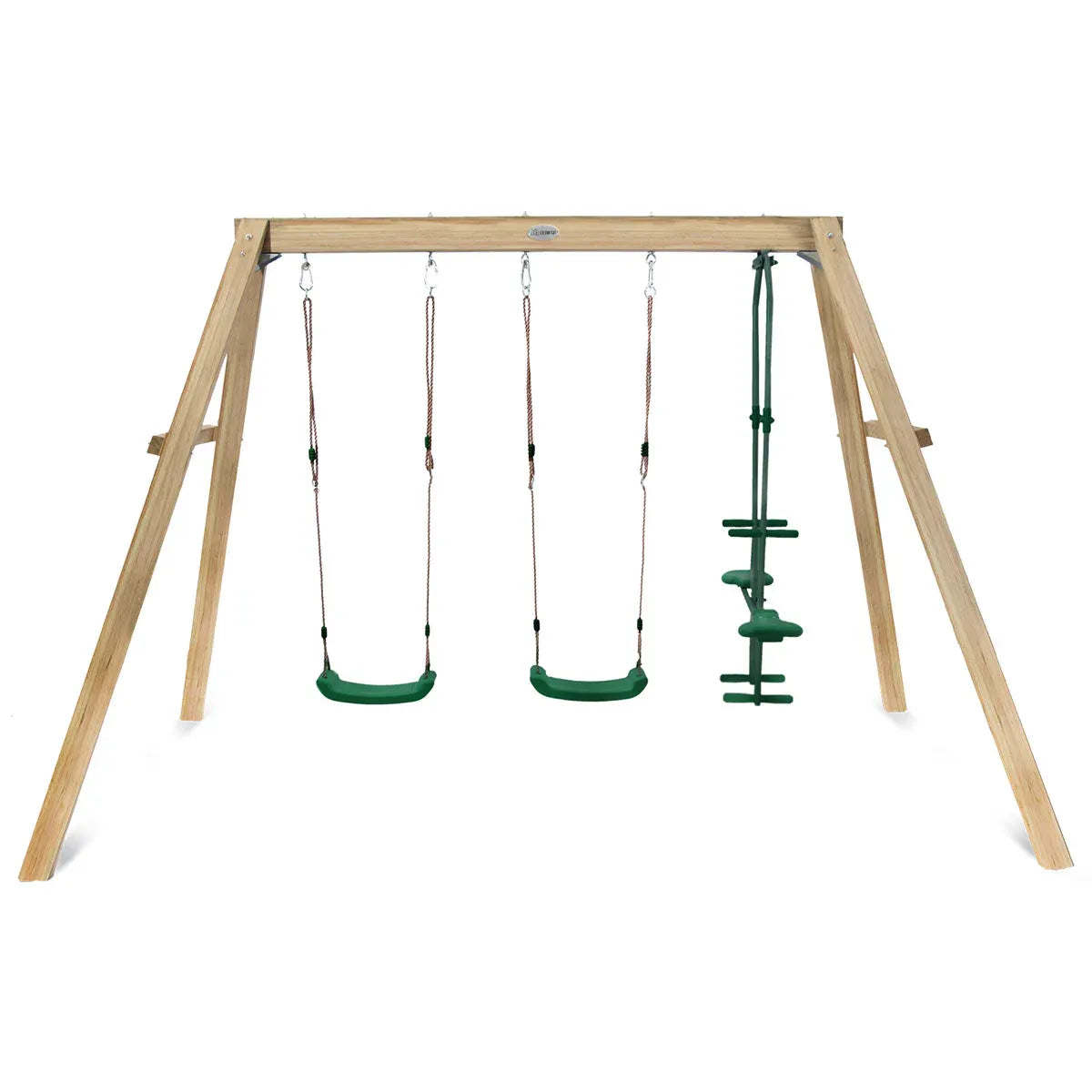 Timber swing set with two swings and double glider view 3