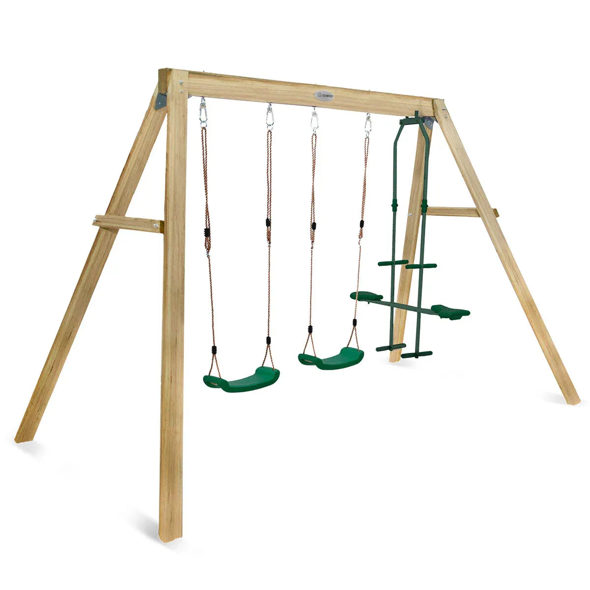 Timber swing set with two swings and double glider view 4