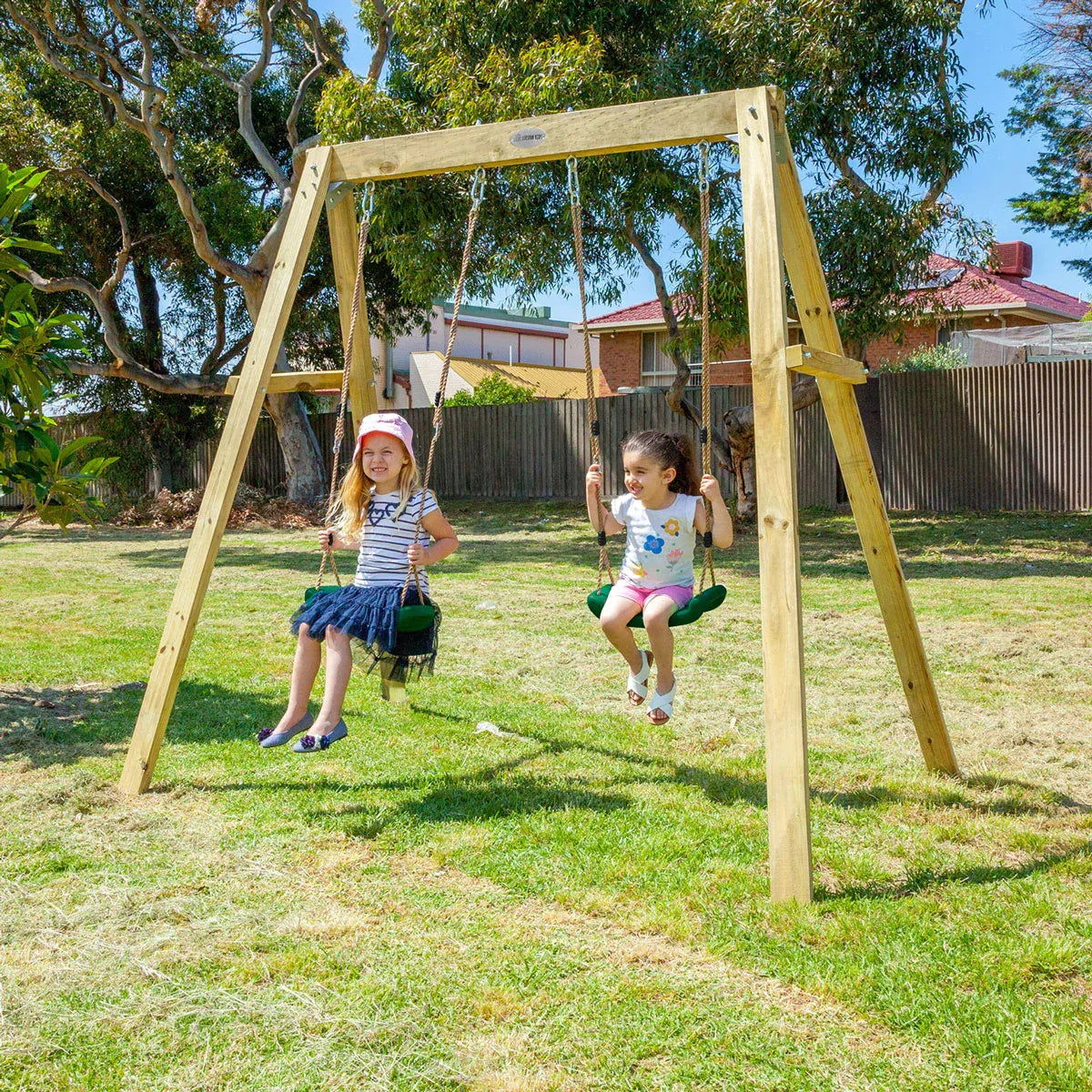 Wooden double swing set with two swings