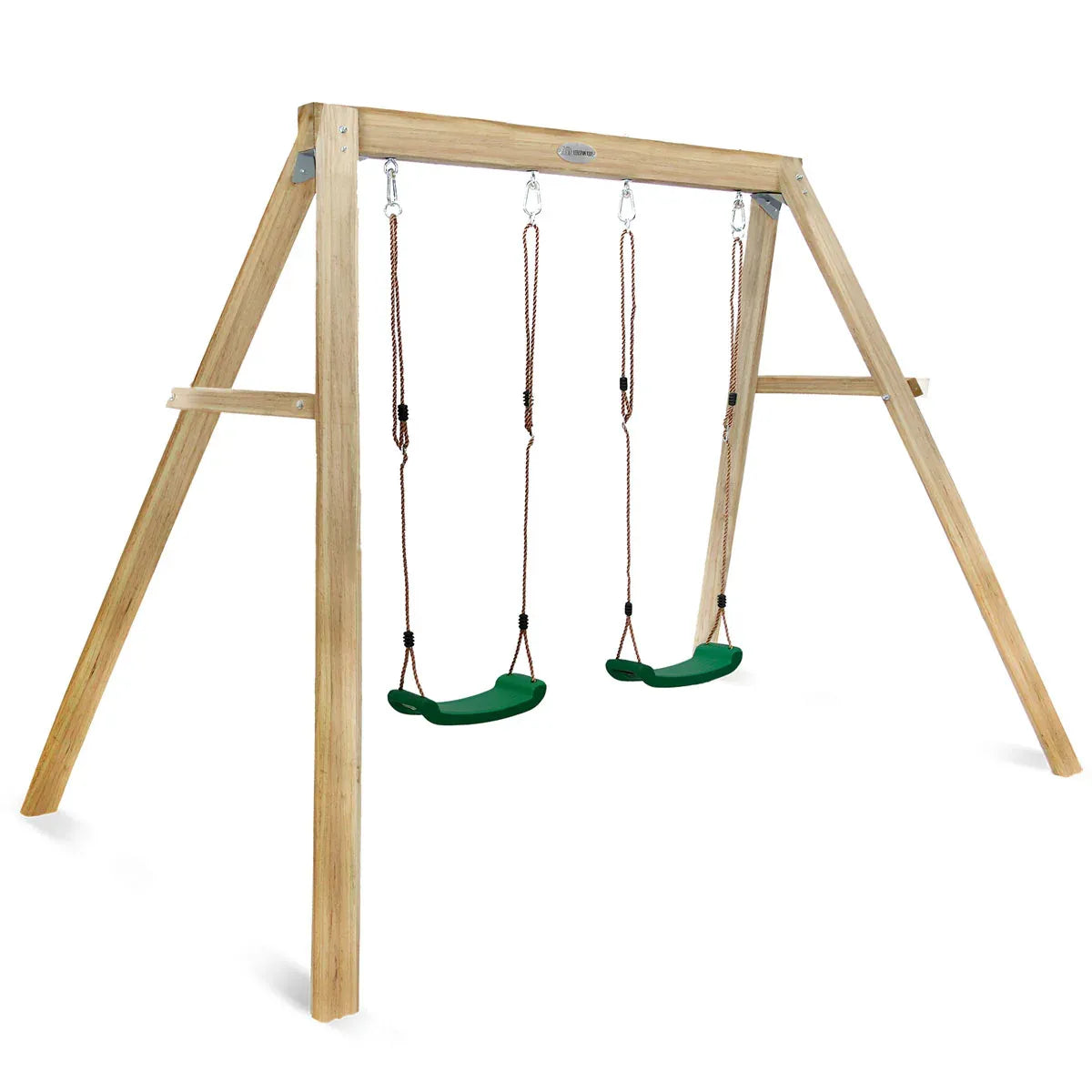 Wooden double swing set in a backyard