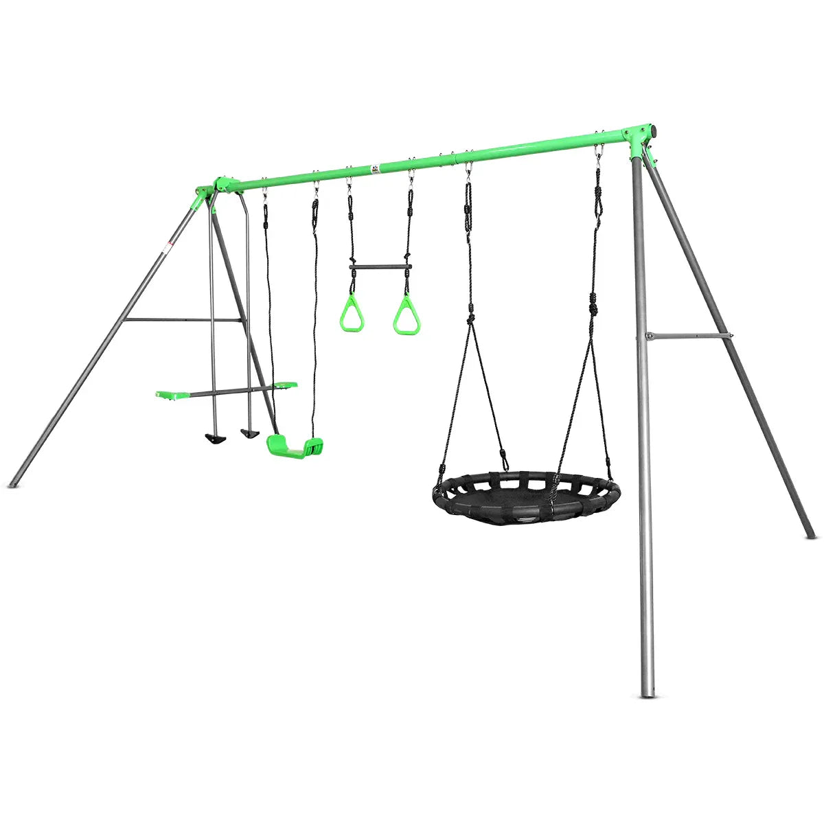 Steel 4 station swing set with glider and nest swing view 1
