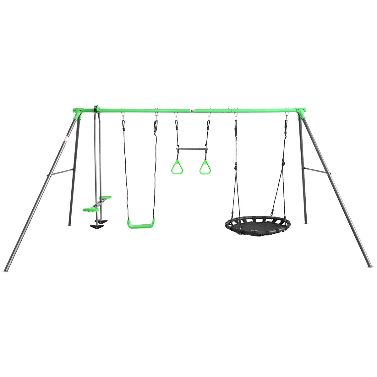Steel 4 station swing set with glider and nest swing view 2
