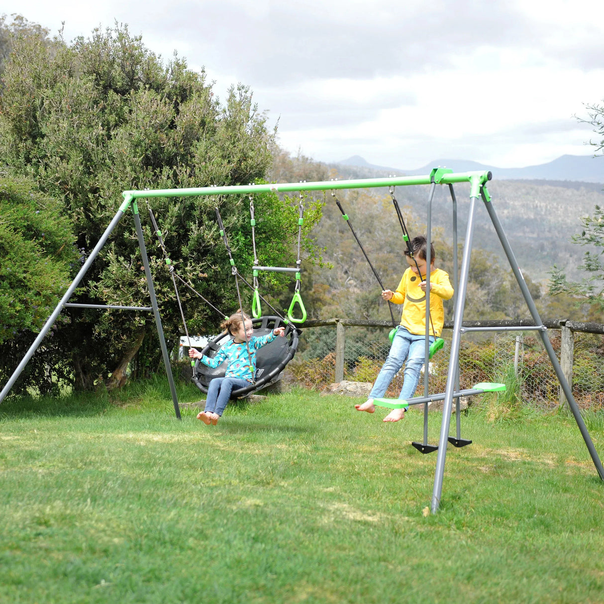 Steel 4 station swing set with glider and nest swing view 8
