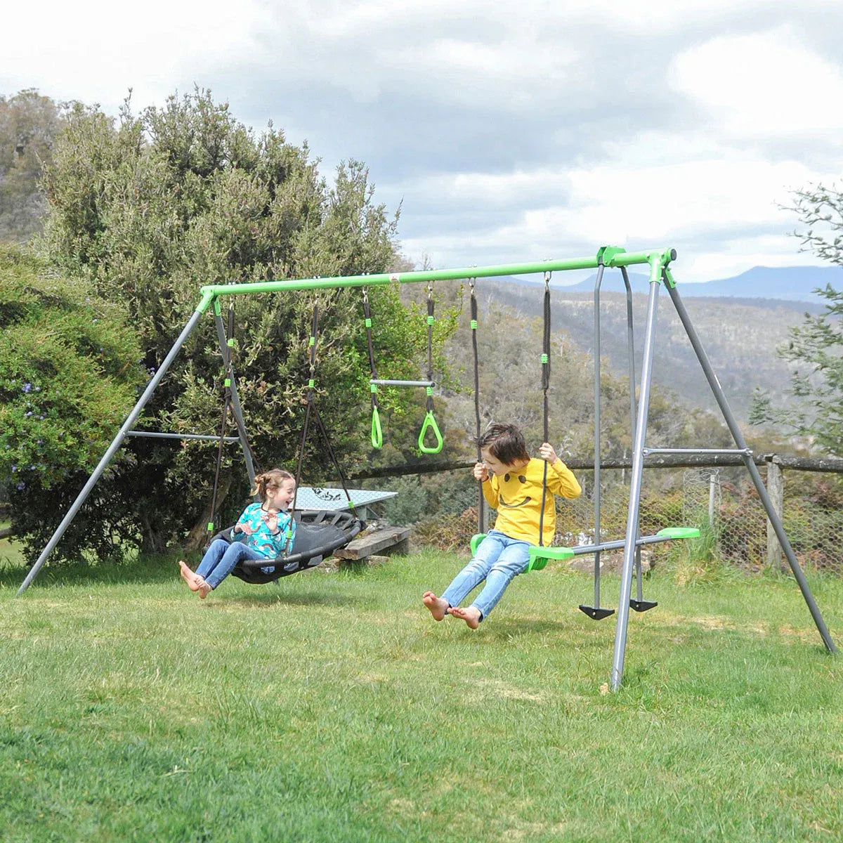 Steel 4 station swing set with glider and nest swing view 9