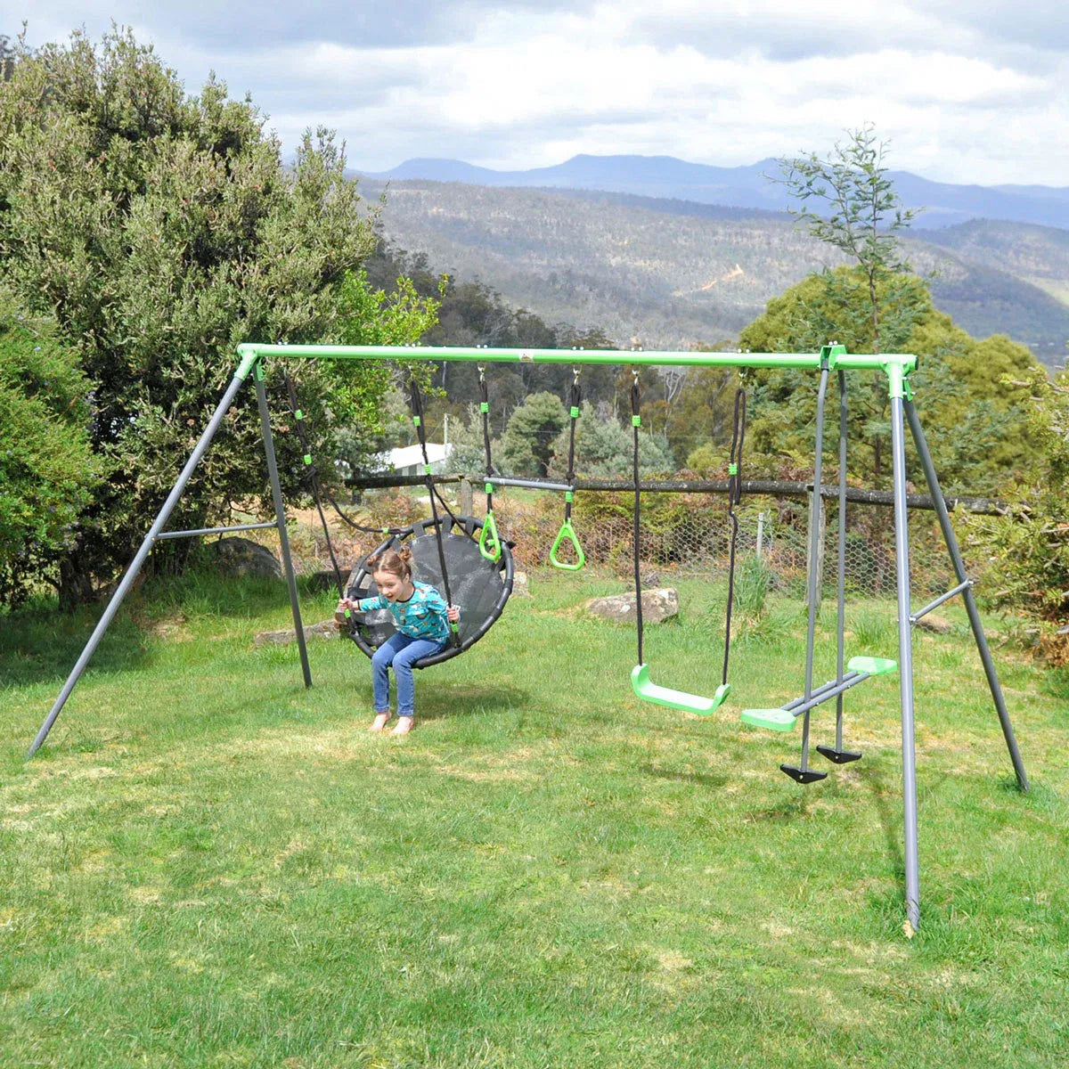 Steel 4 station swing set with glider and nest swing view 10