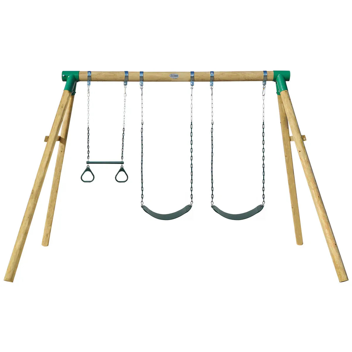 Timber swing set with two swings and trapeze view 3