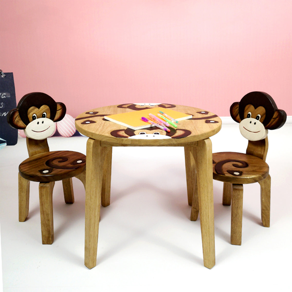Childrens wooden monkey table and two chairs set