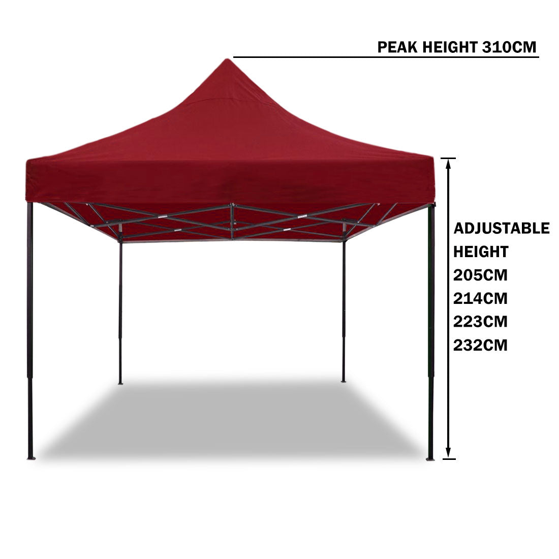 Dimension diagram of the 3 x 3 m red pop up gazebo