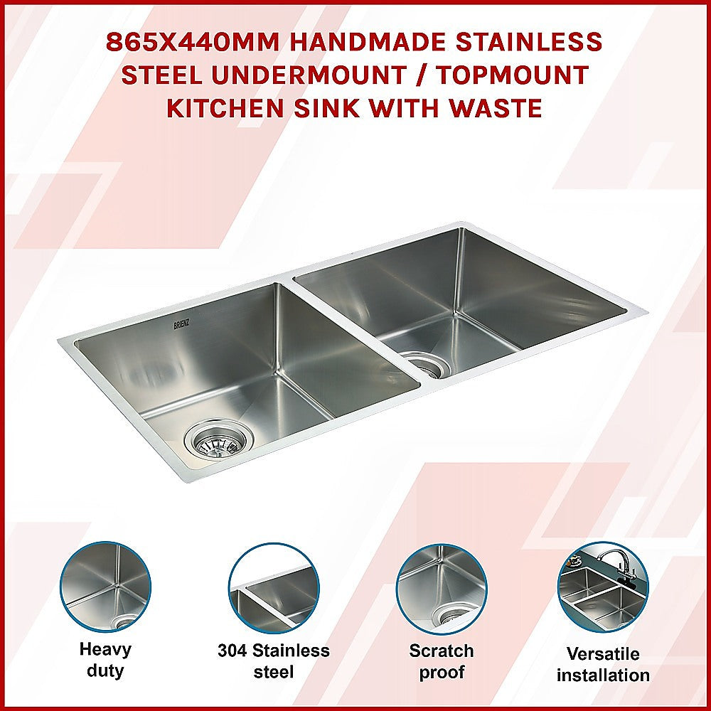 Handmade stainless steel double bowl kitchen sink 865x440mm