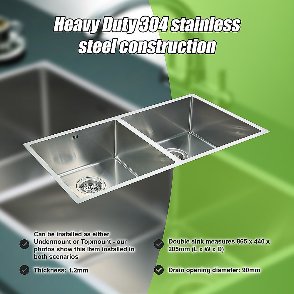 Handmade stainless steel double bowl kitchen sink 865x440mm