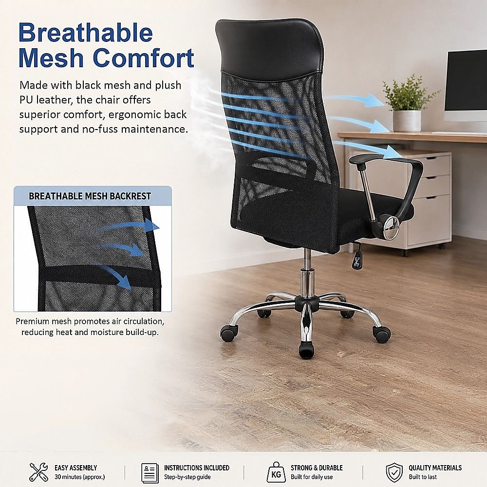 Lancelin black faux leather and mesh executive office chair, view 10