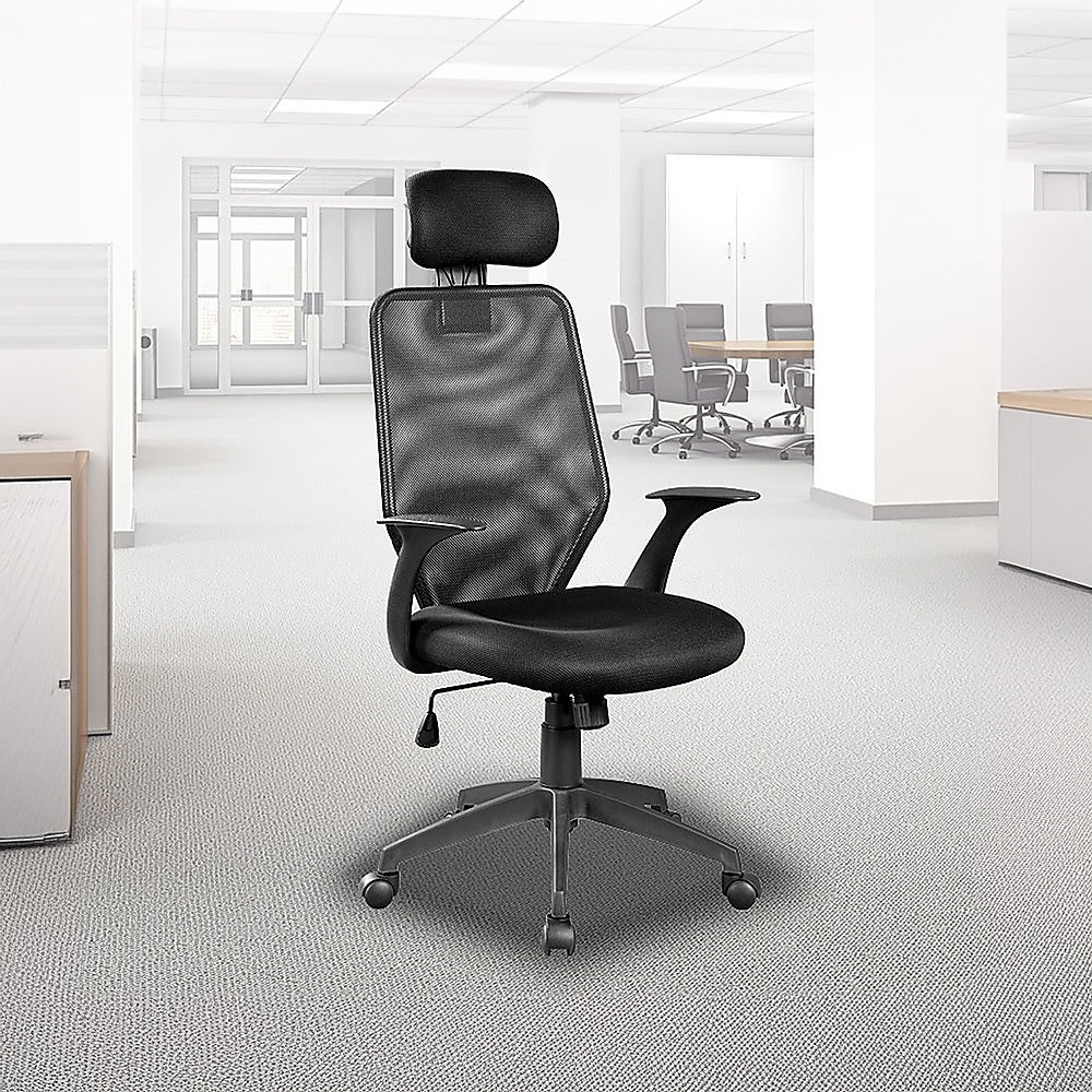 City Beach black mesh office chair with headrest in a home office