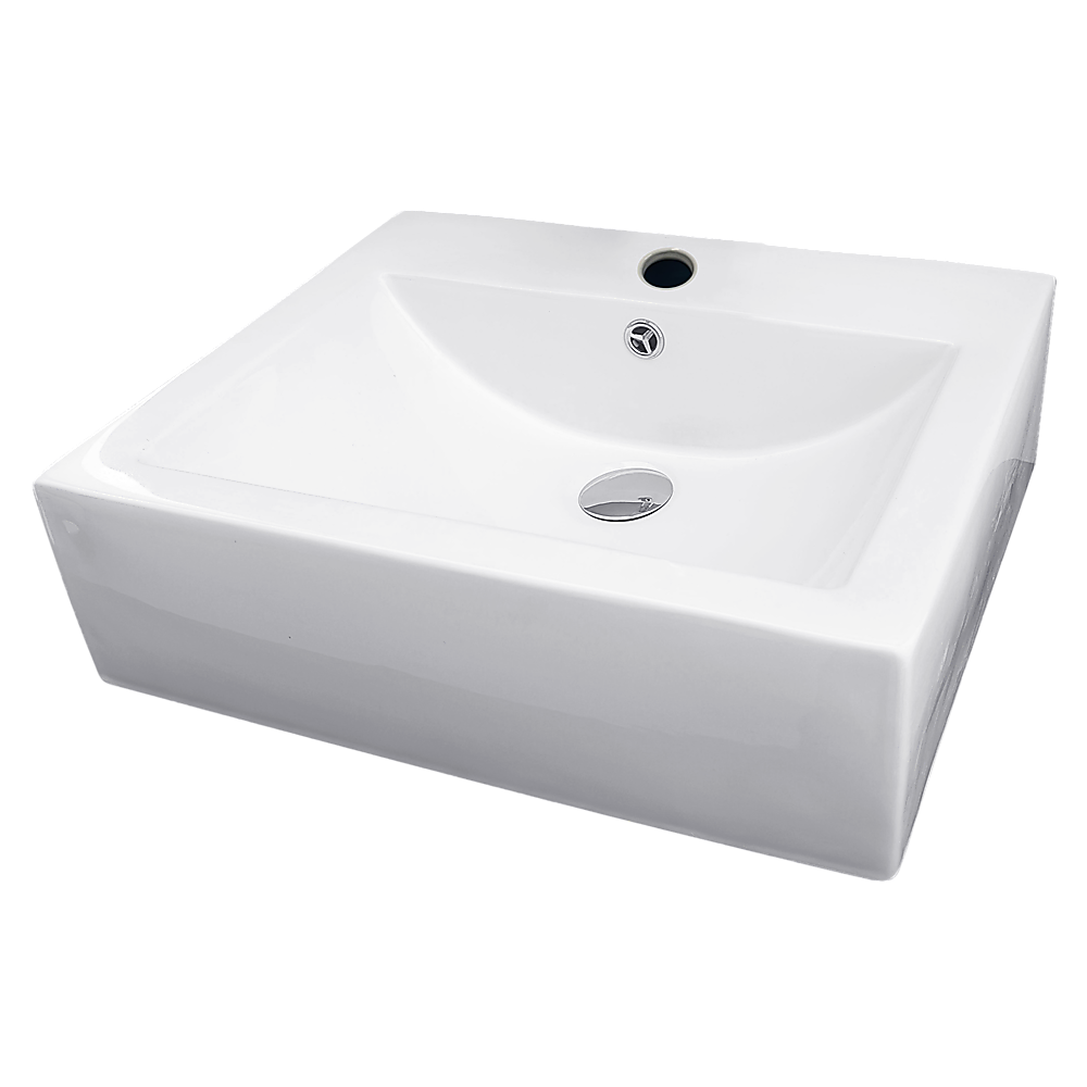 White rectangular ceramic above counter basin, side profile