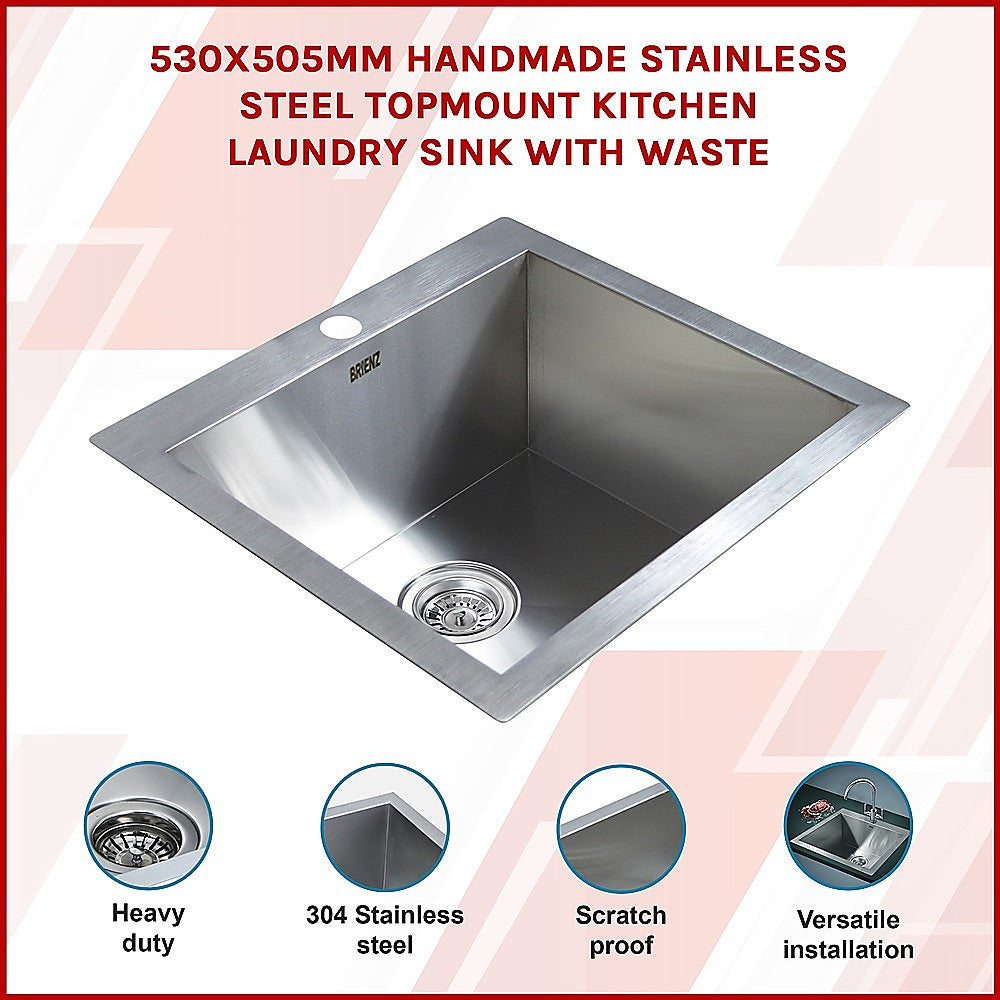Handmade stainless steel kitchen and laundry sink 530x505mm