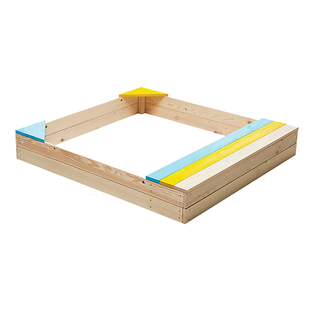 Wooden sandpit with bench seat and storage in blue yellow and brown