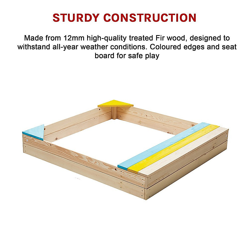 Wooden sandpit with bench seat and storage in blue yellow and brown