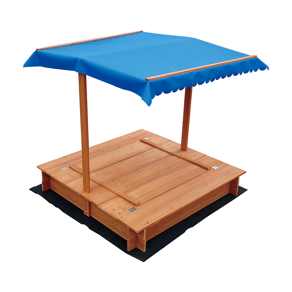 Wooden sandpit interior with ground sheet