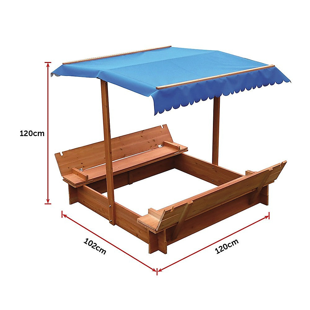Wooden sandpit with white and blue canopy dimensions