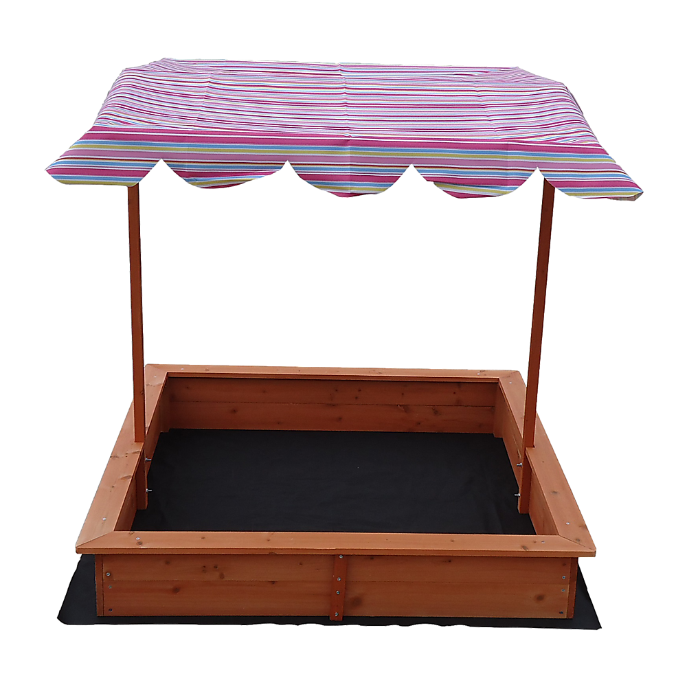 Wooden sandpit with adjustable multi coloured canopy
