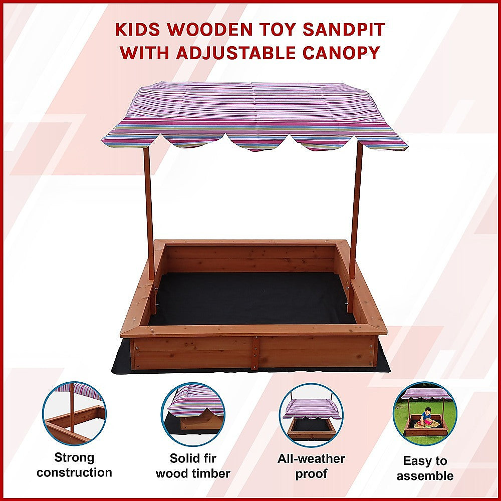 Wooden sandpit with adjustable multi coloured canopy