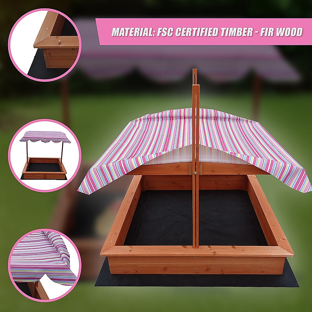 Wooden sandpit with adjustable multi coloured canopy