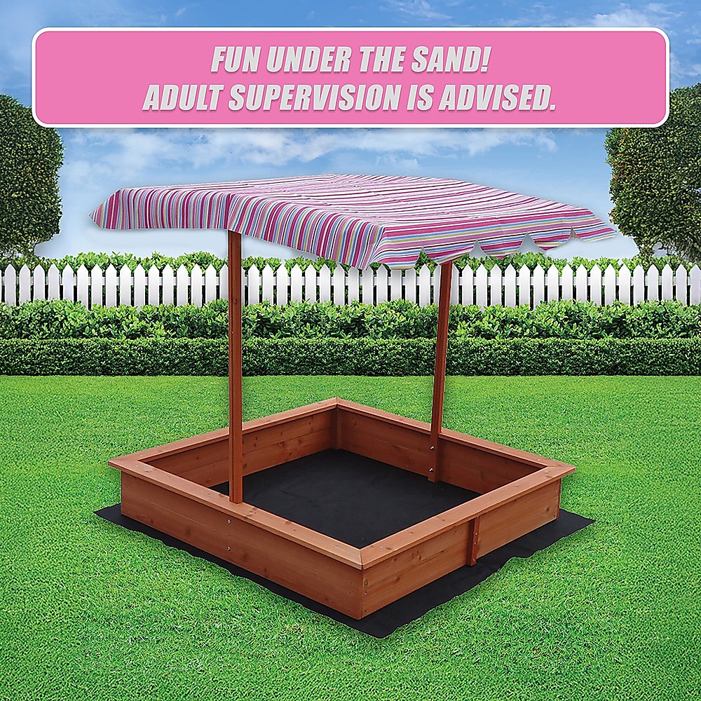 Wooden sandpit with adjustable multi coloured canopy