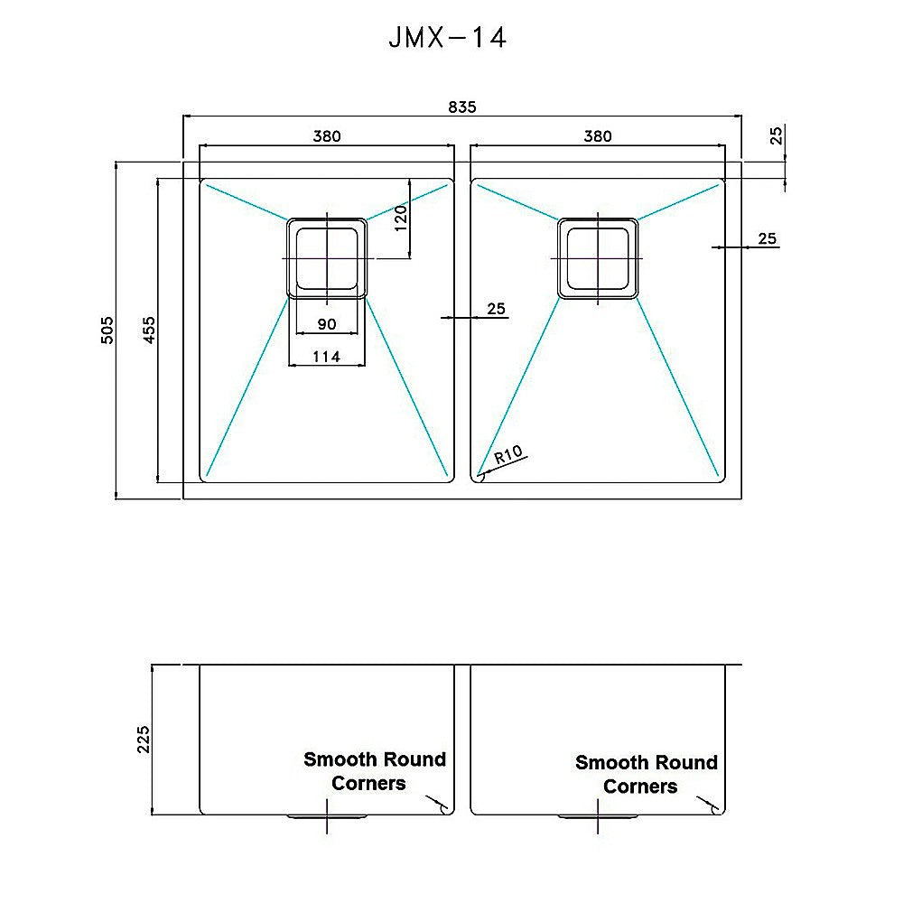 Handmade stainless steel kitchen sink 835x505mm