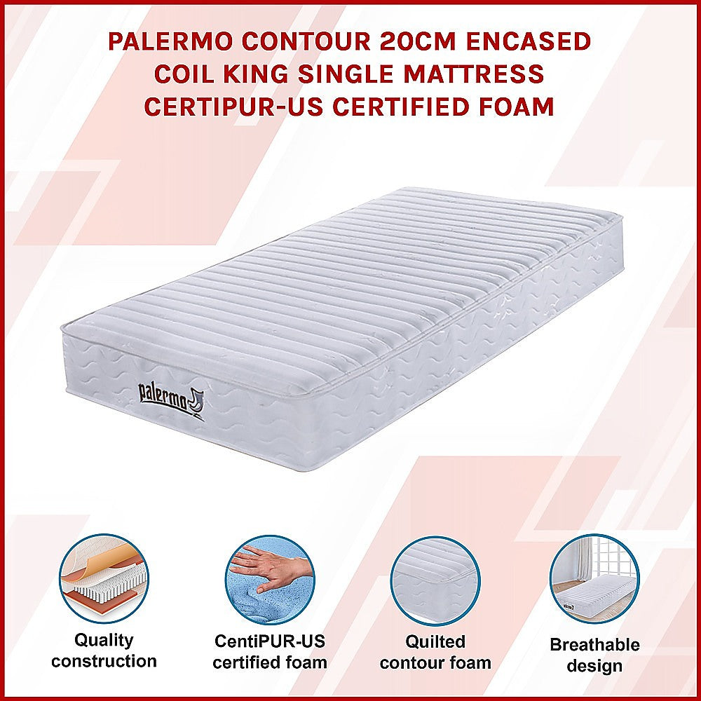 Palermo Contour 20cm Encased Coil Mattress — CertiPUR-US Certified Foam — Allure Home Collections