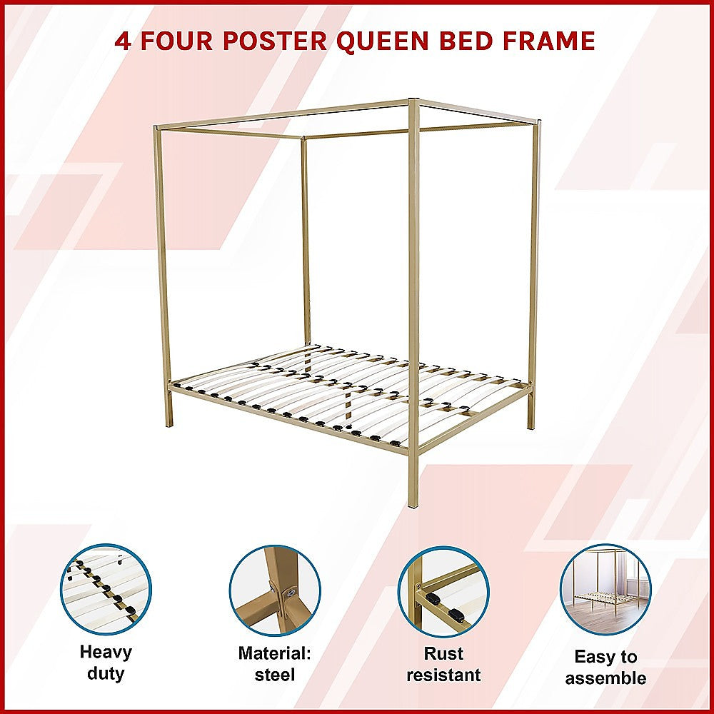 Allure gold four poster queen bed frame side profile showing full height — Allure Home Collections