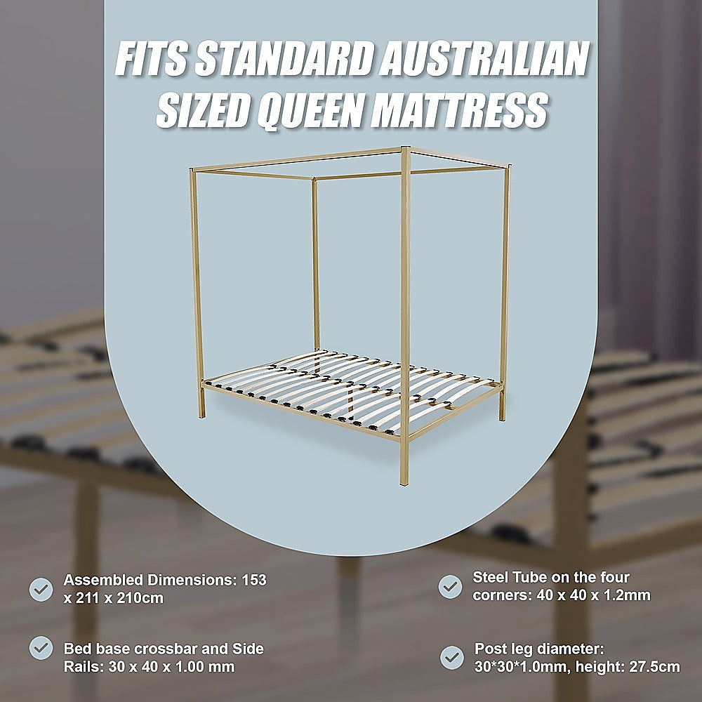 Allure gold four poster queen bed frame showing full 153 x 211 x 210cm proportions — Allure Home Collections