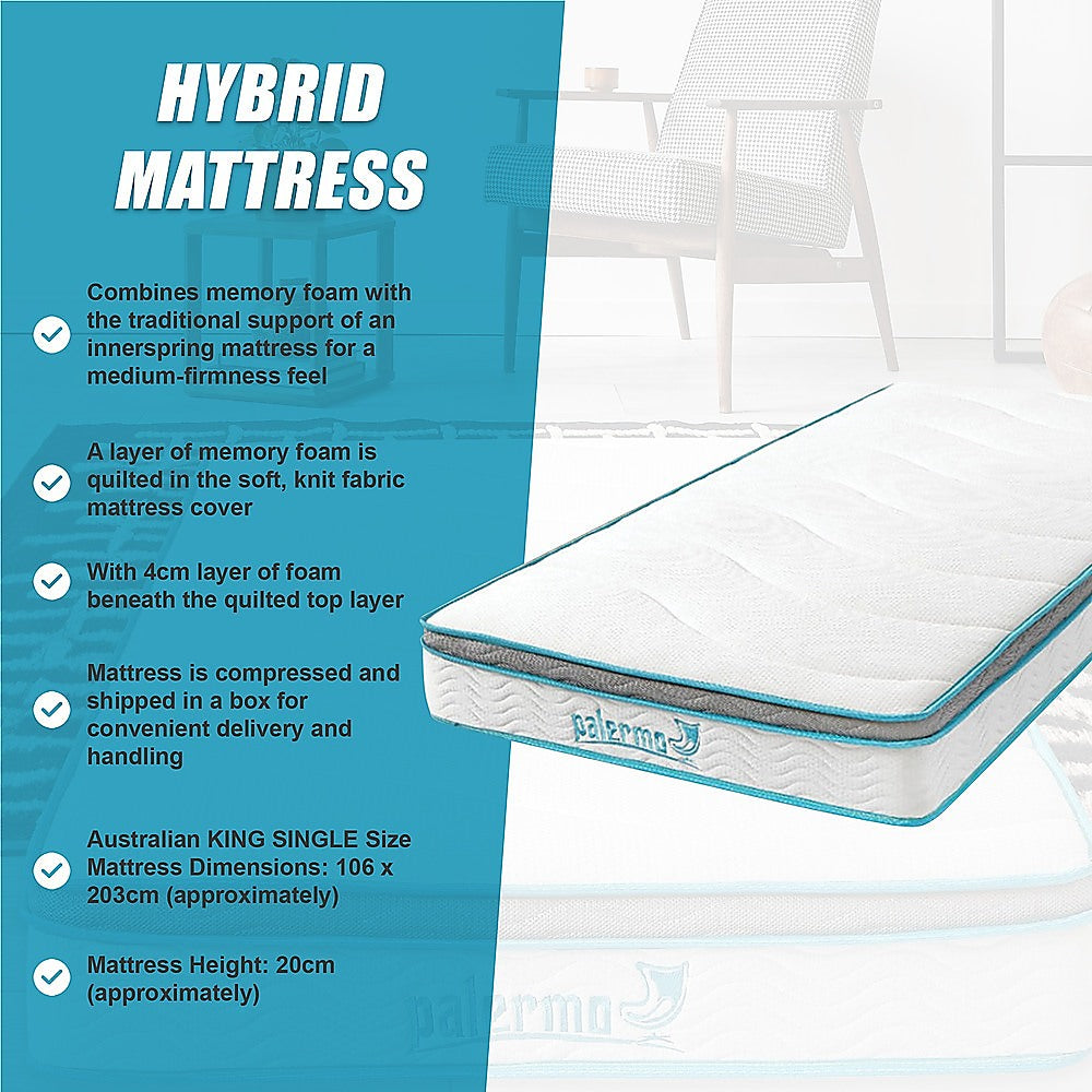 Medium firm memory foam hybrid mattress, 20cm king single