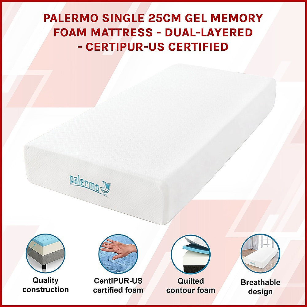Medium firm gel memory foam mattress, 25cm single
