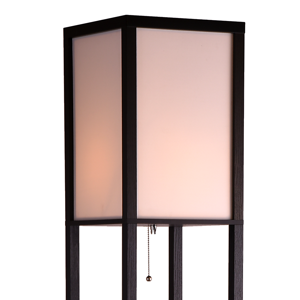 Black wooden three tier shelf floor lamp with off white shade