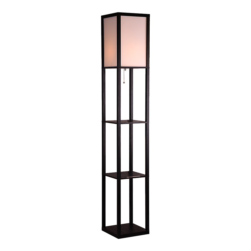 Black wooden three tier shelf floor lamp with off white shade