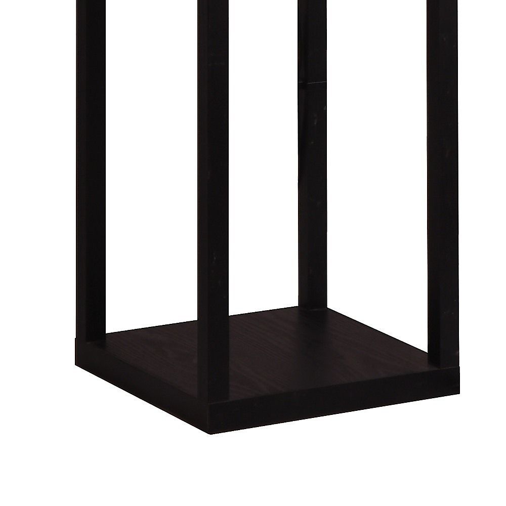 Black wooden three tier shelf floor lamp with off white shade