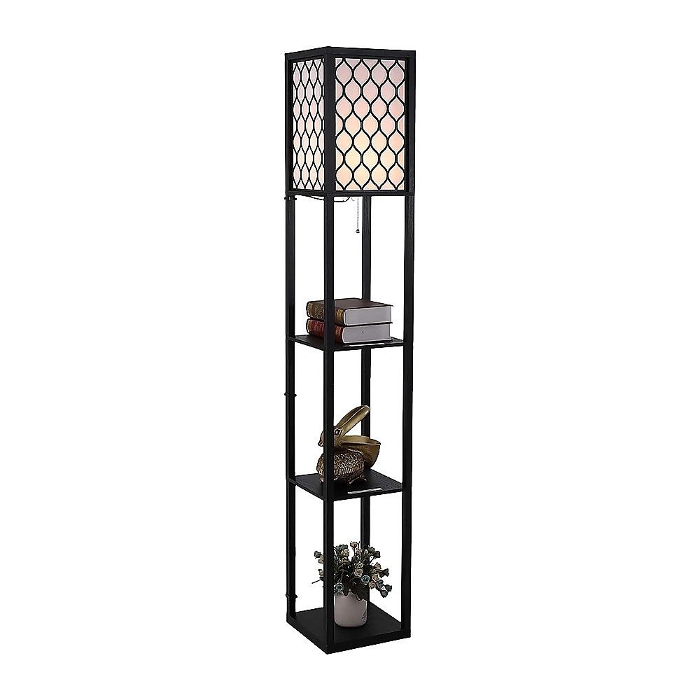 Black wooden three tier shelf floor lamp with off white shade