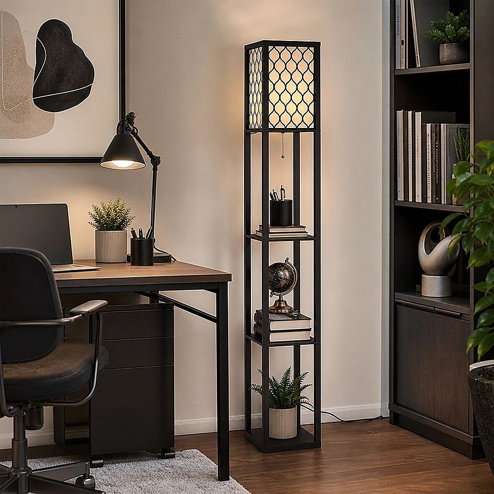 Black wooden three tier shelf floor lamp with off white shade