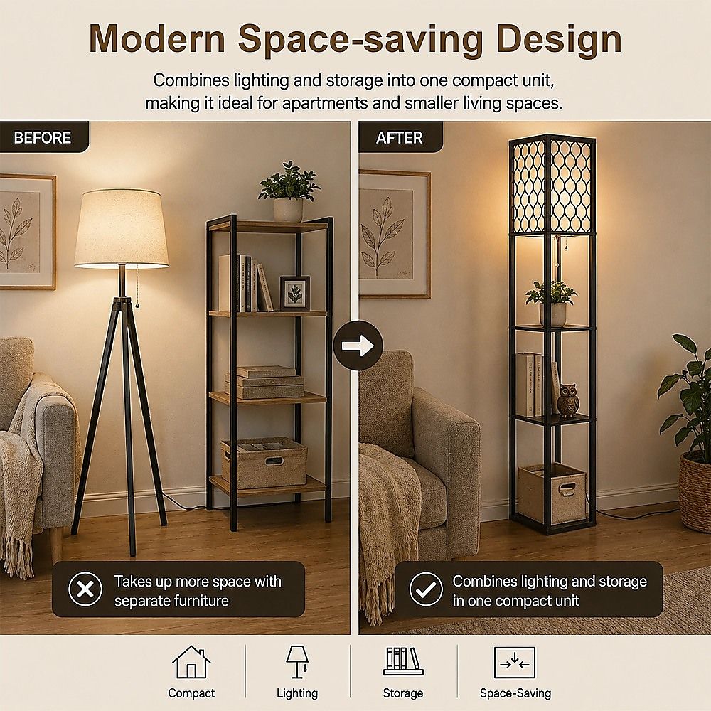 Black wooden three tier shelf floor lamp with off white shade