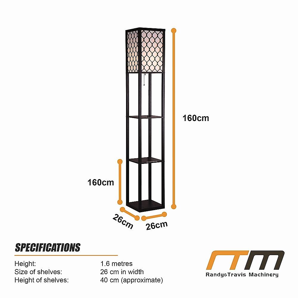 Black wooden three tier shelf floor lamp with off white shade