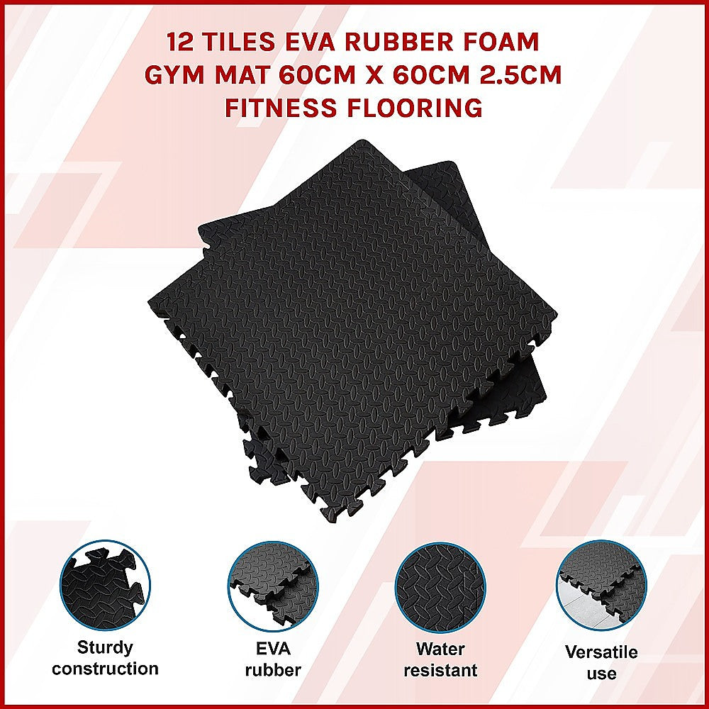 Marchena EVA Gym Floor Mats, 60 x 60cm, 25mm, Black, 12pcs