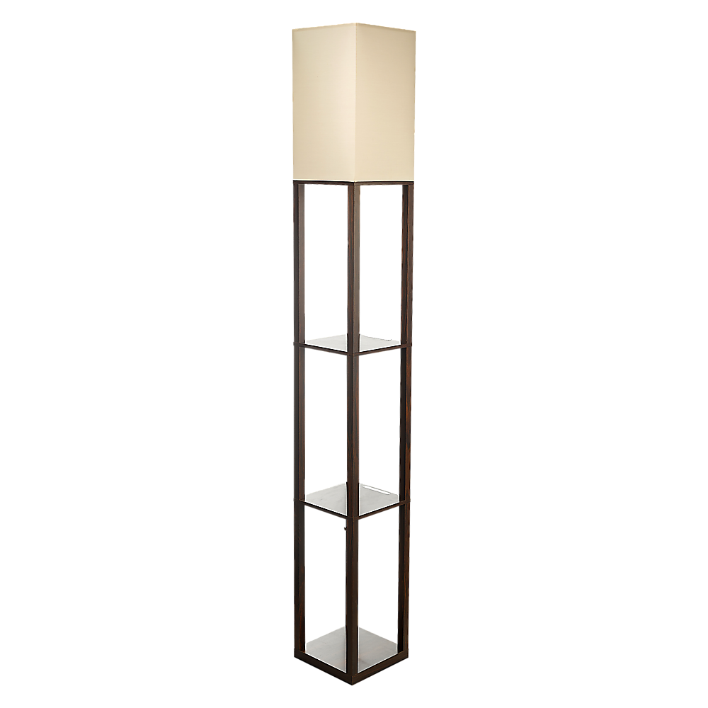 Dark brown three tier shelf floor lamp with off white shade