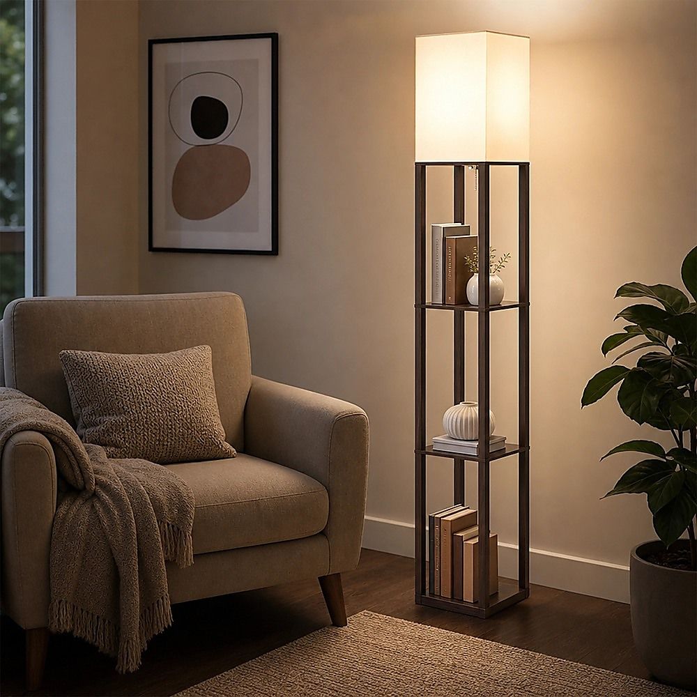 Dark brown three tier shelf floor lamp with off white shade