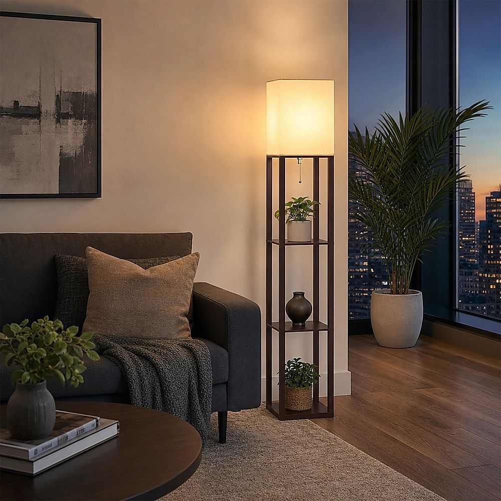Dark brown three tier shelf floor lamp with off white shade