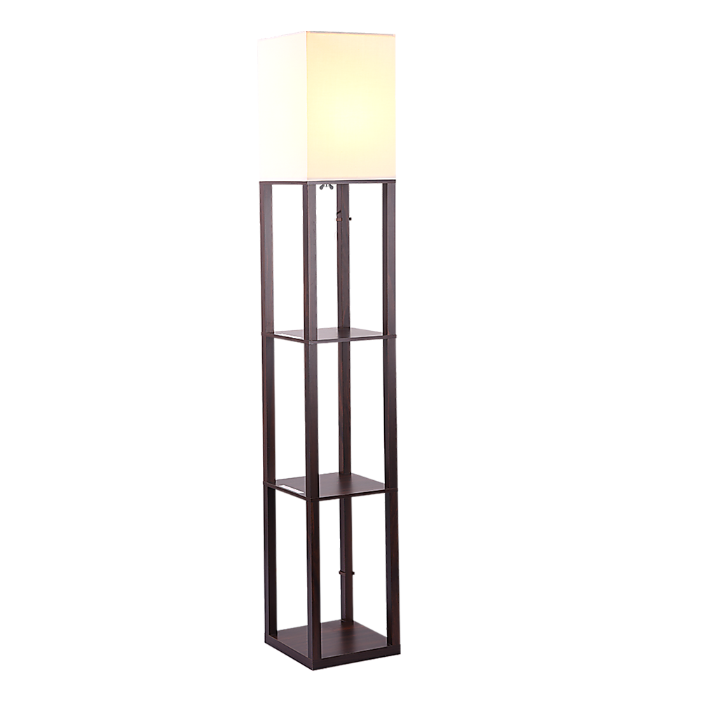 Dark brown three tier shelf floor lamp with off white shade