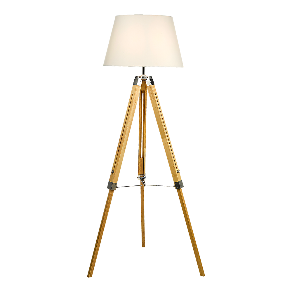 Wood tripod floor lamp with white fabric shade and chrome accents