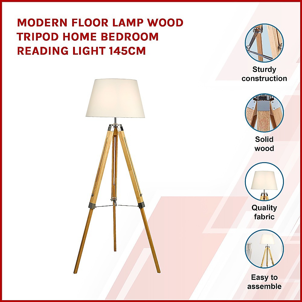 Wood tripod floor lamp with white fabric shade and chrome accents